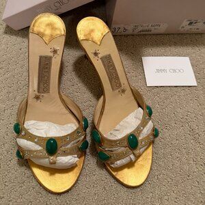 JIMMY CHOO GOLD & GREEN JEWEL EMBELLISHED OPEN TOE SLIDE HEELS
